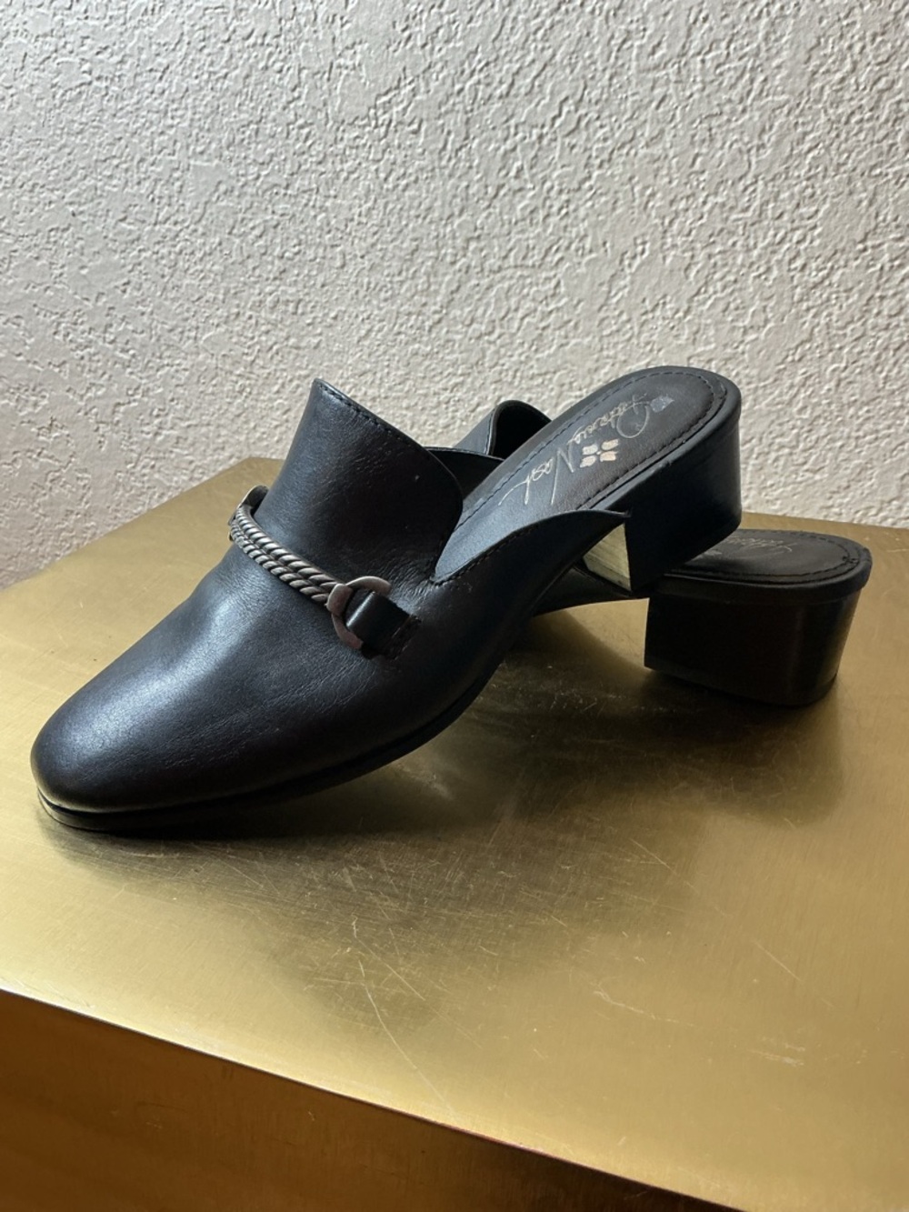 Patricia Nash Black Leather Mule Heels with Decorative Chain - Women